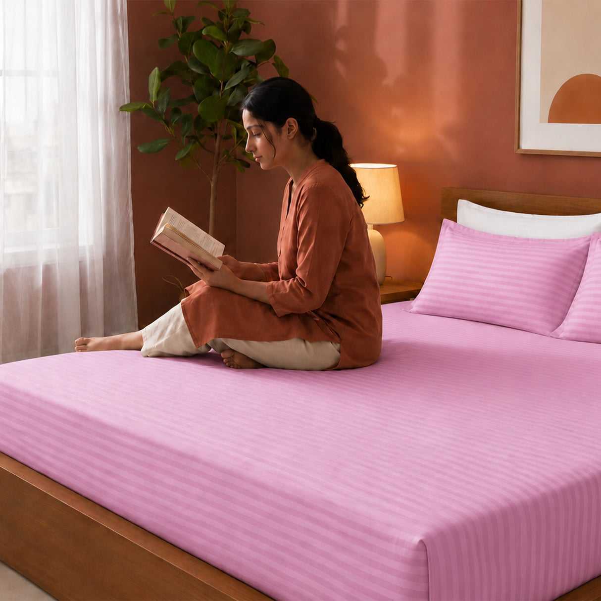 Breton Drift - Satin Stripes Fitted Bedsheet (Baby Pink)