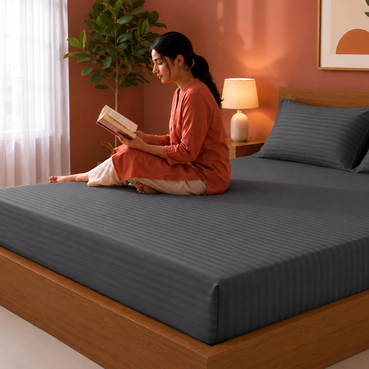 Breton Drift - Satin Stripes Fitted Bedsheet (Grey)