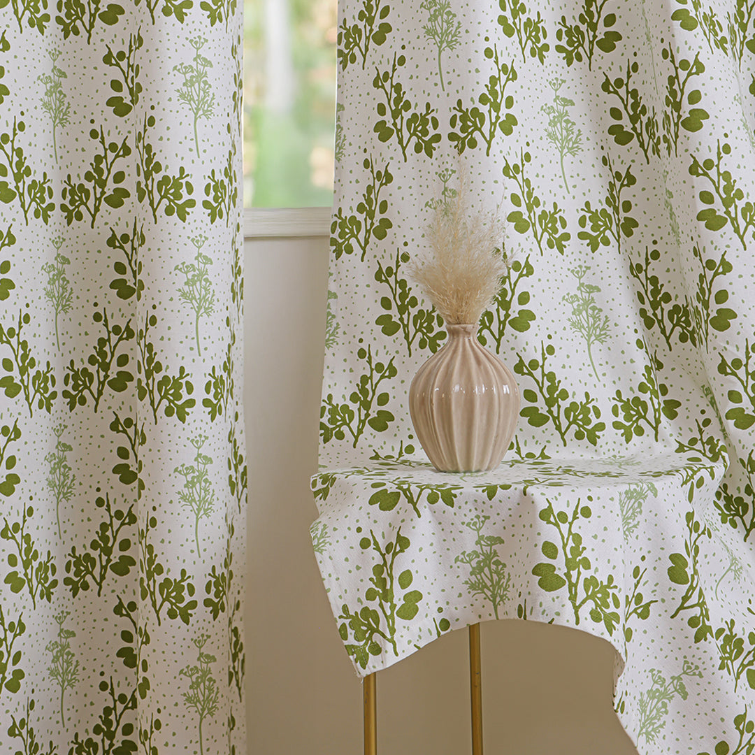 White Floral Botanic Hush Rod Pocket Printed duck Curtain