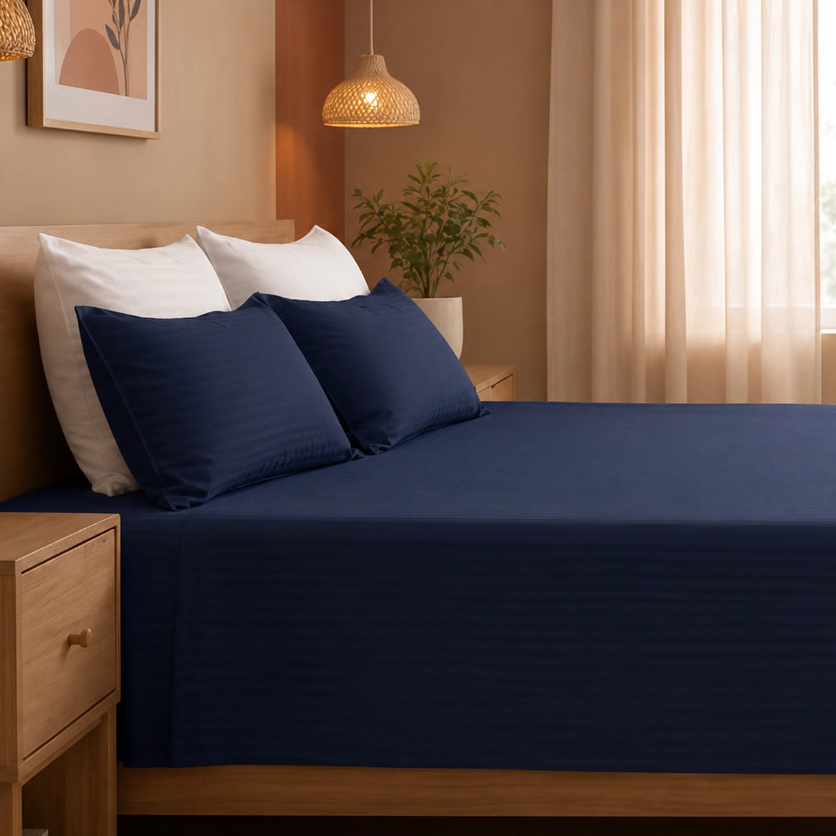 Breton Nap - Satin Stripes Bedsheet (Dark Blue)