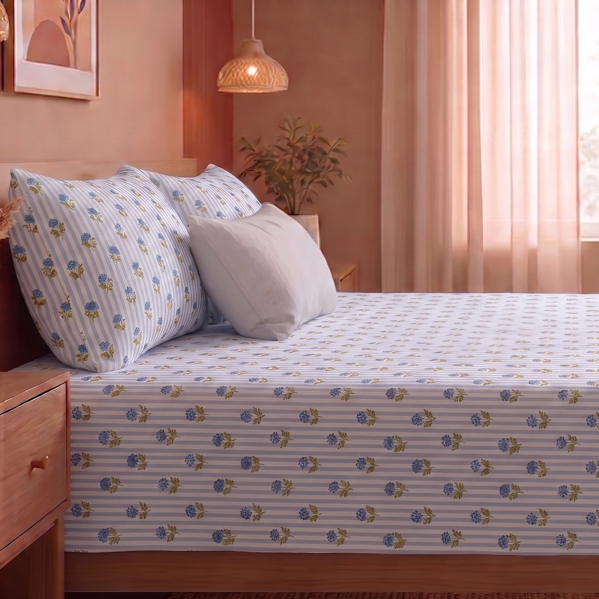 Soft Serenade - Floral Bedsheet (Blue)