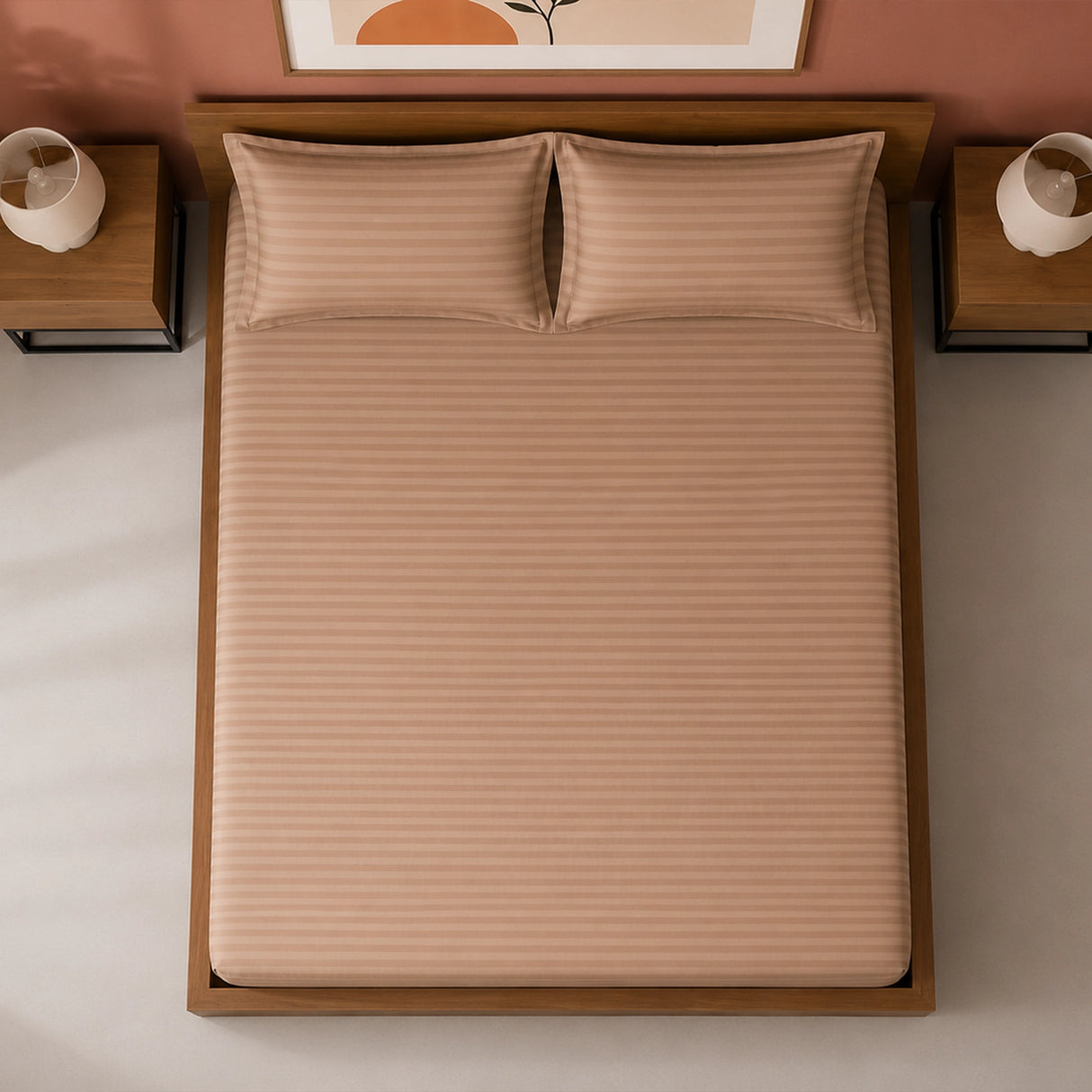 Breton Drift - Satin Stripe Fitted Bedsheet with Pillow Covers (Taupe)