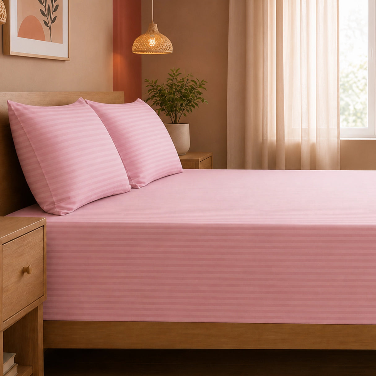 Breton Nap - Satin Stripes Bedsheet (Baby Pink)