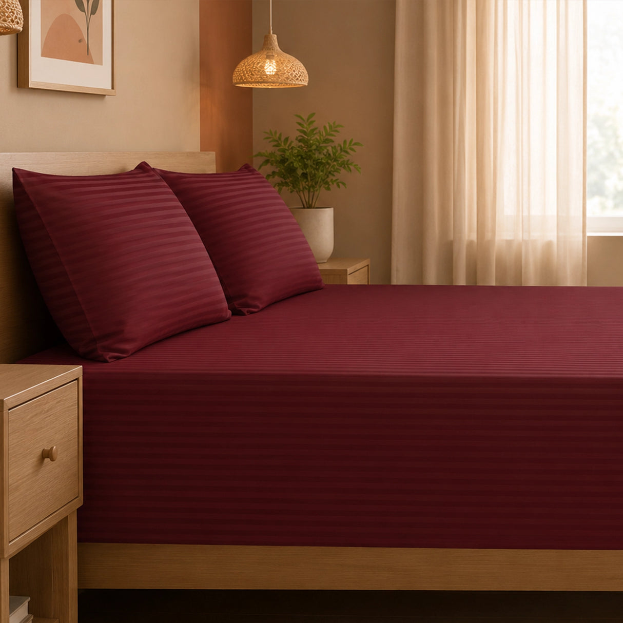 Breton Nap - Satin Stripes Bedsheet (Maroon)