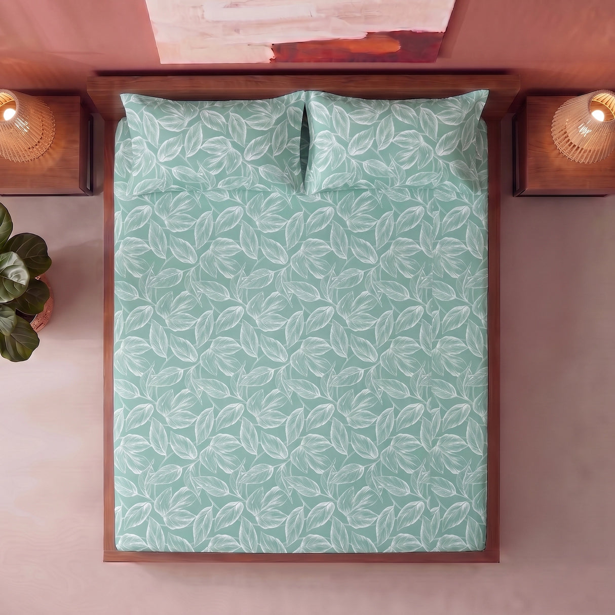 Imprimer Itsy-Bitsy - Leaf Printed Fitted Bedsheet (Aqua Blue)