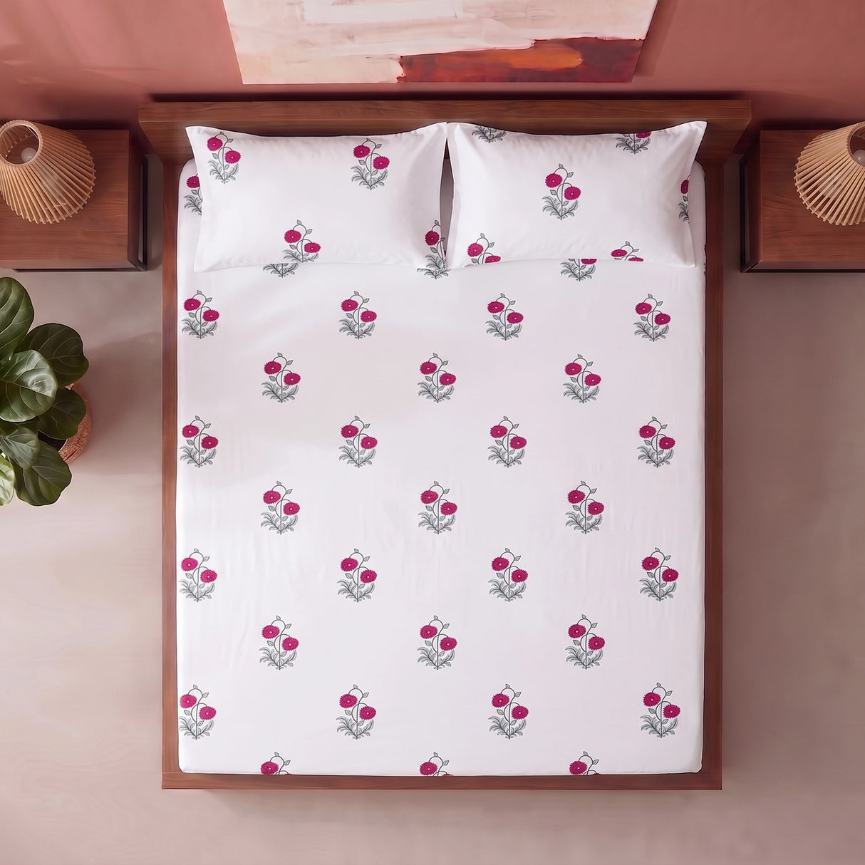Imprimer Vignette - Floral Printed Fitted Bedsheet (Red)