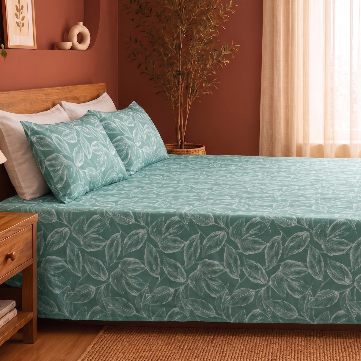 Imprimer Lilac - Leaf Printed Bedsheet (Aqua Blue)