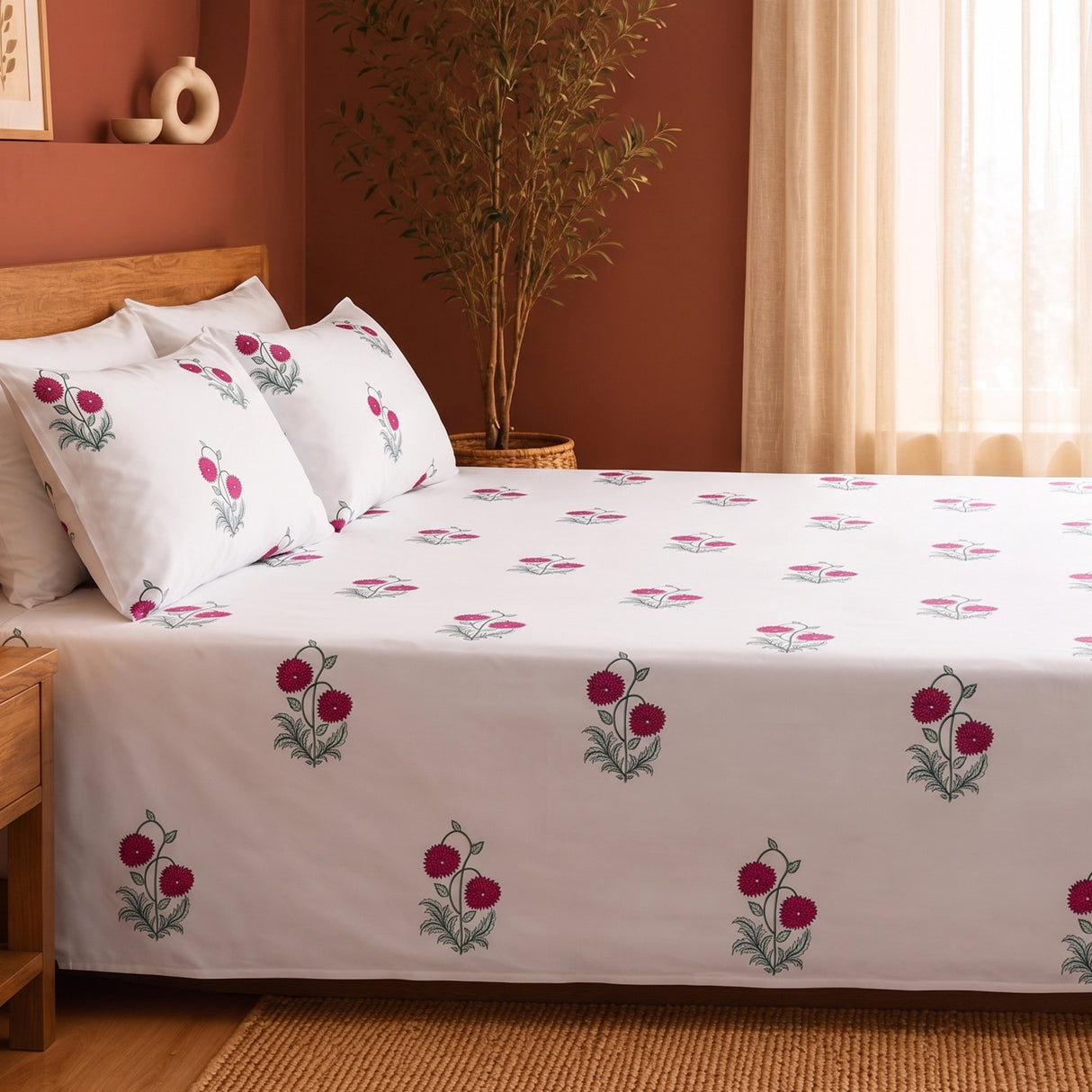 Imprimer Vignette - Floral Printed Bedsheet (Red)