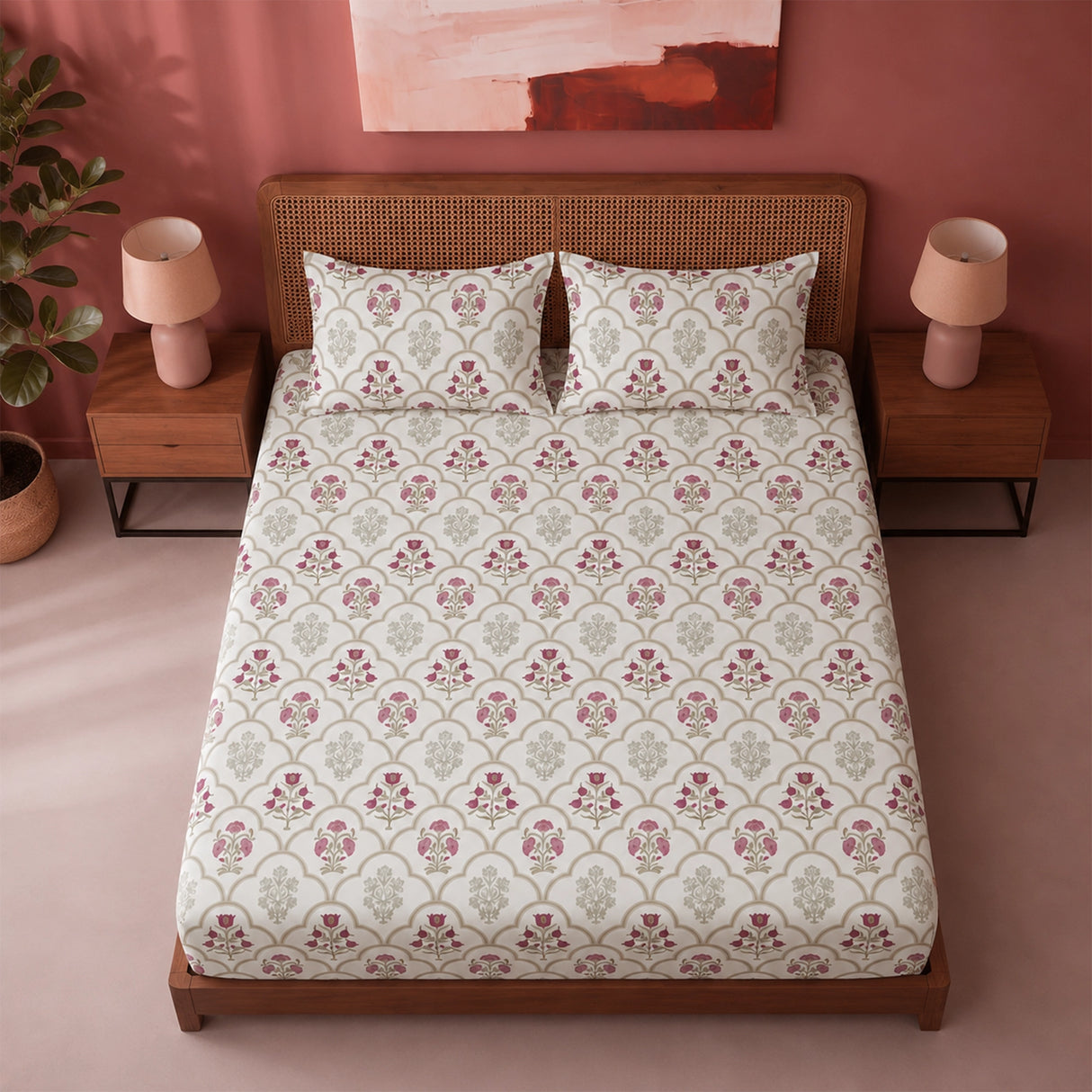 Spring Buds Pink - White Floral Fitted Sheet