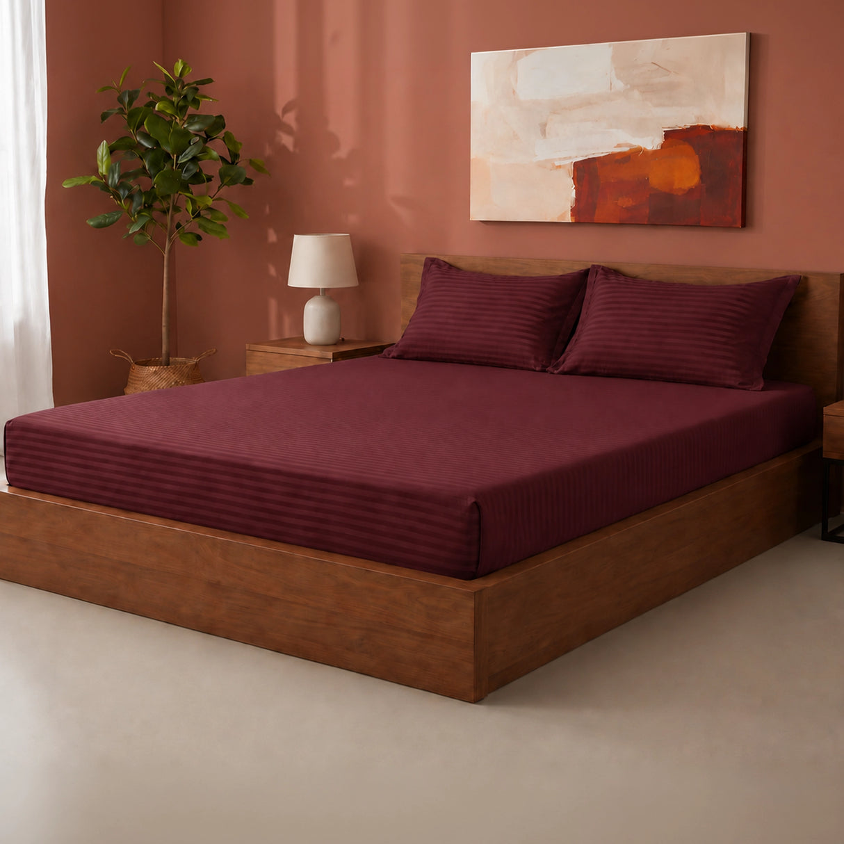 Breton Drift - Satin Stripes Fitted Bedsheet (Maroon)