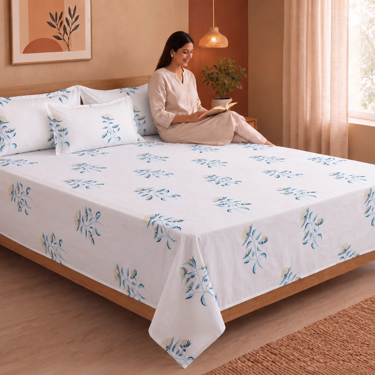 Wild Grace Flower - Floral Bedsheet (Turquoise & Blue)