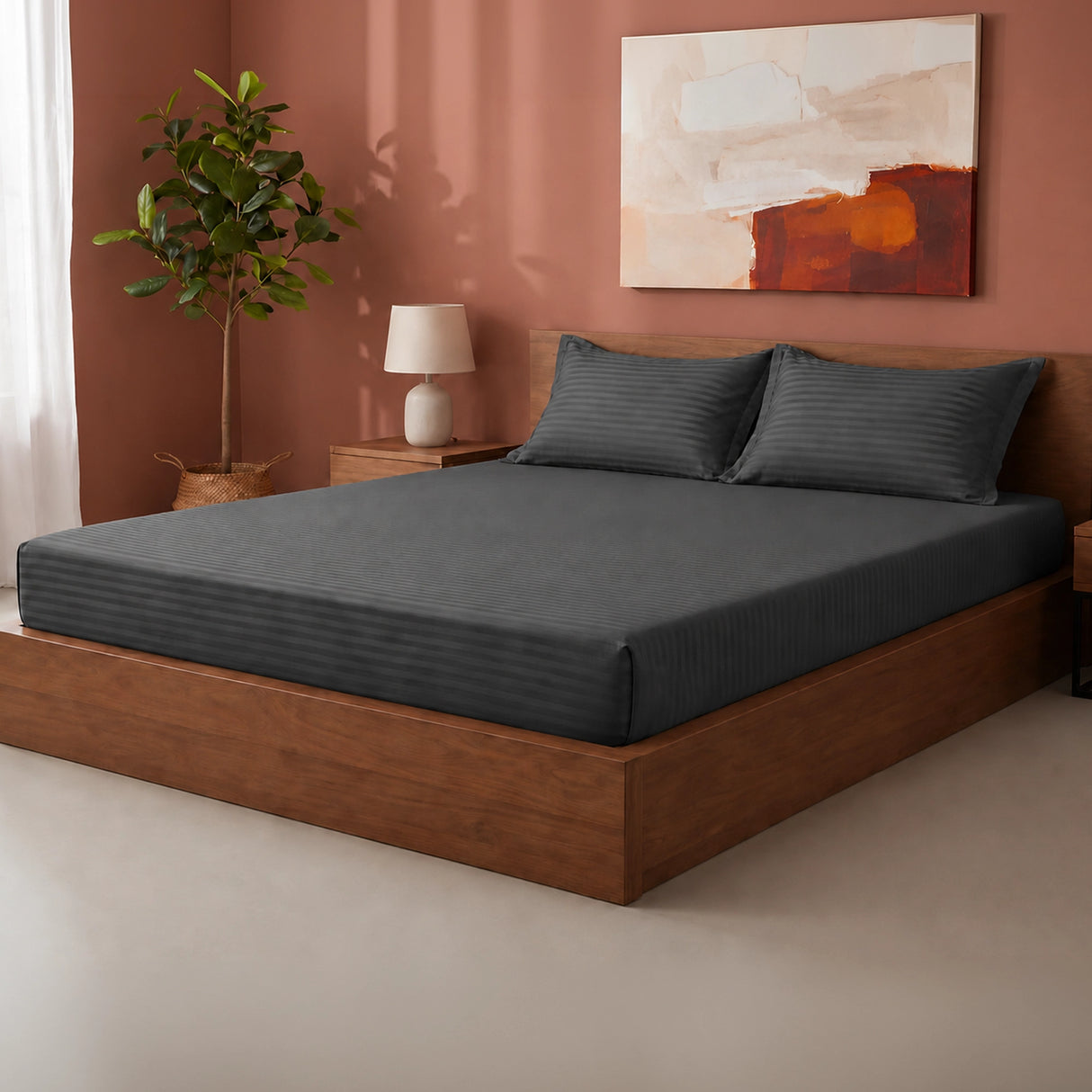Breton Drift - Satin Stripes Fitted Bedsheet (Grey)