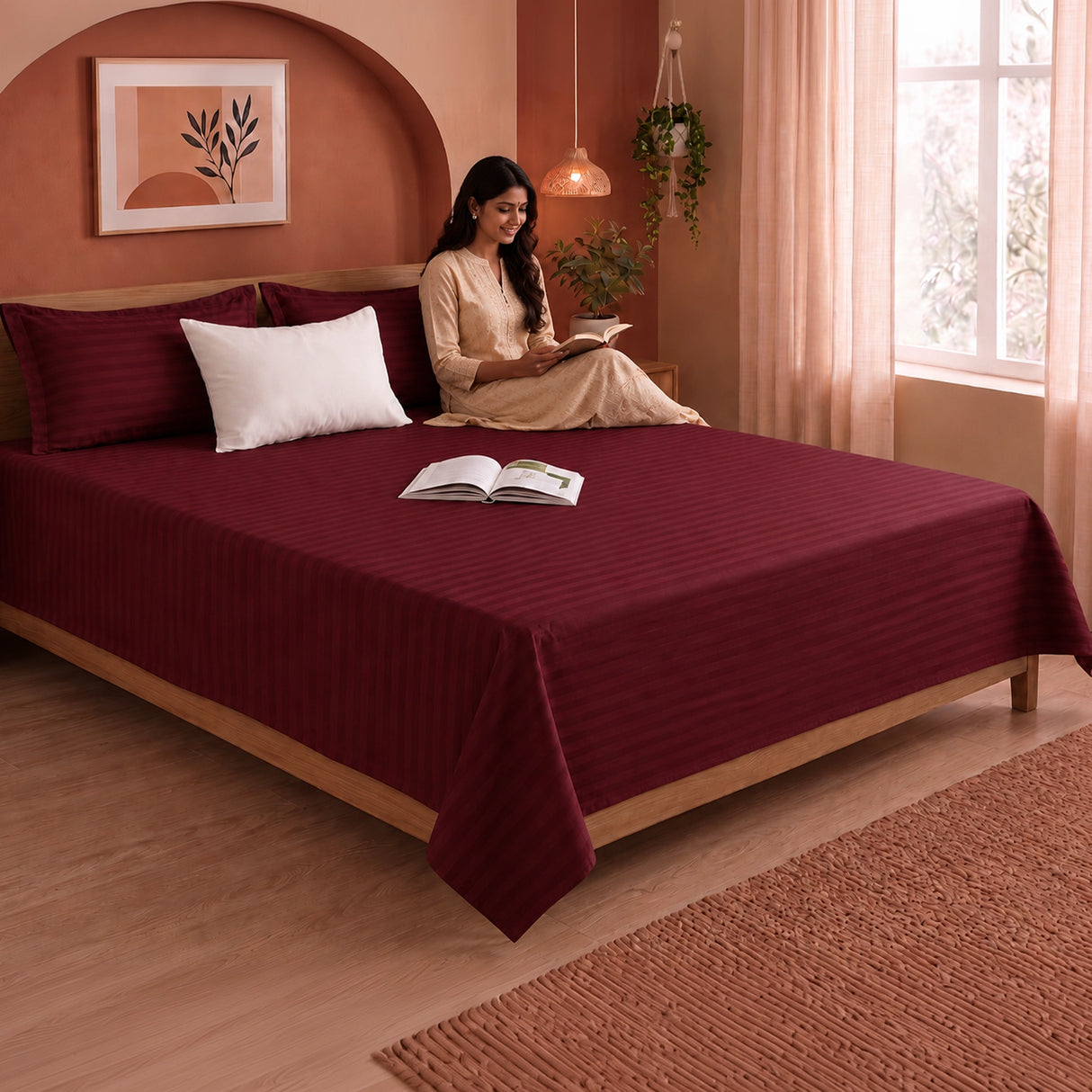 Breton Nap - Satin Stripes Bedsheet (Maroon)