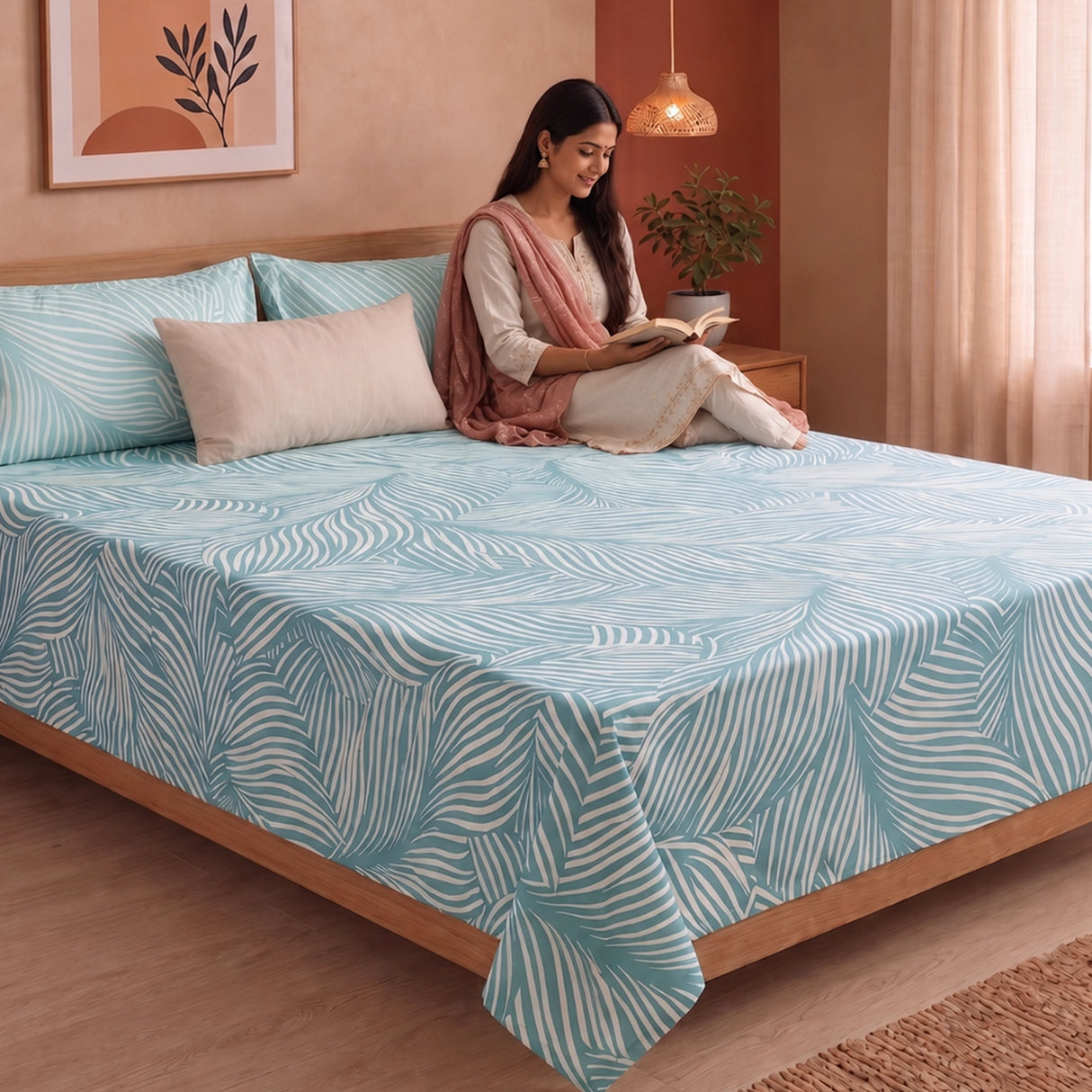 Mint Green Feather - Bedsheet (Green & White)