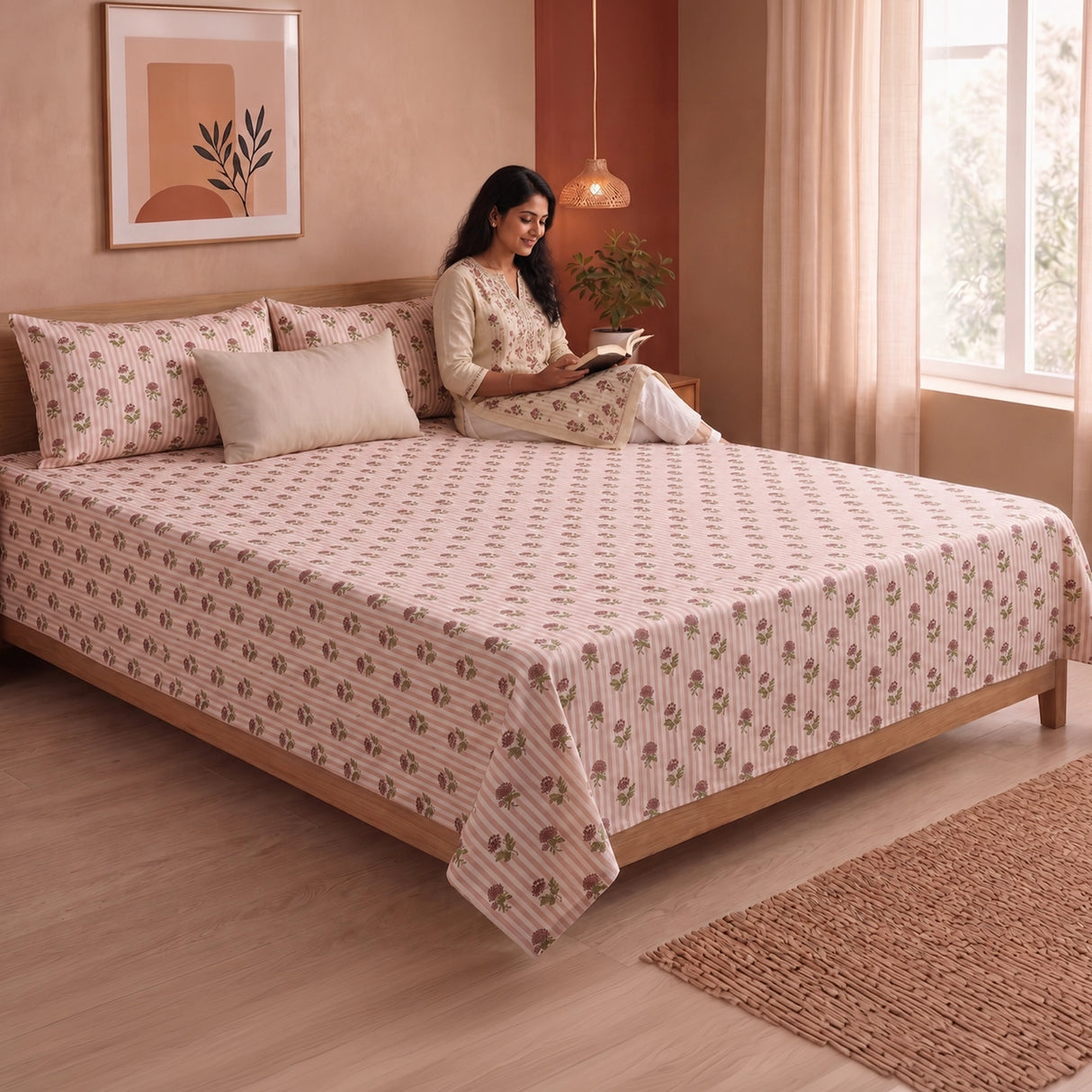 Soft Serenade - Floral Bedsheet (Peach)