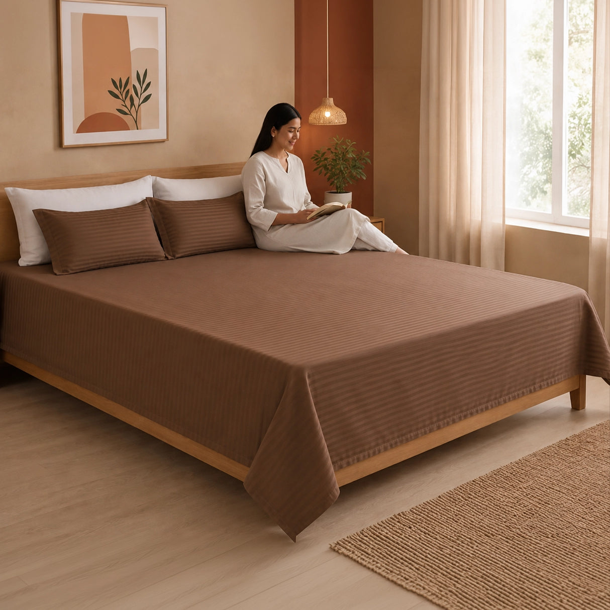 Breton Nap - Satin Stripes Bedsheet (Brown)