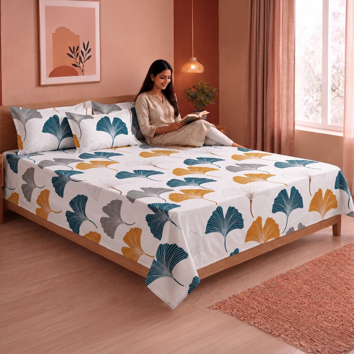 Imprimer Ginkyo - Floral Printed Bedsheet (Mustard & Grey)