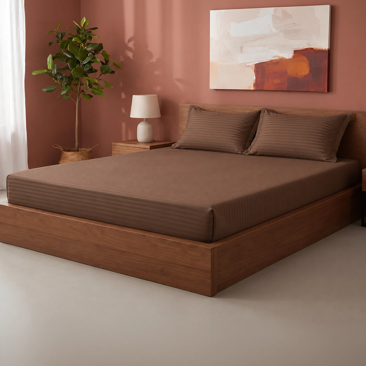 Breton Drift - Satin Stripes Fitted Bedsheet (Brown)