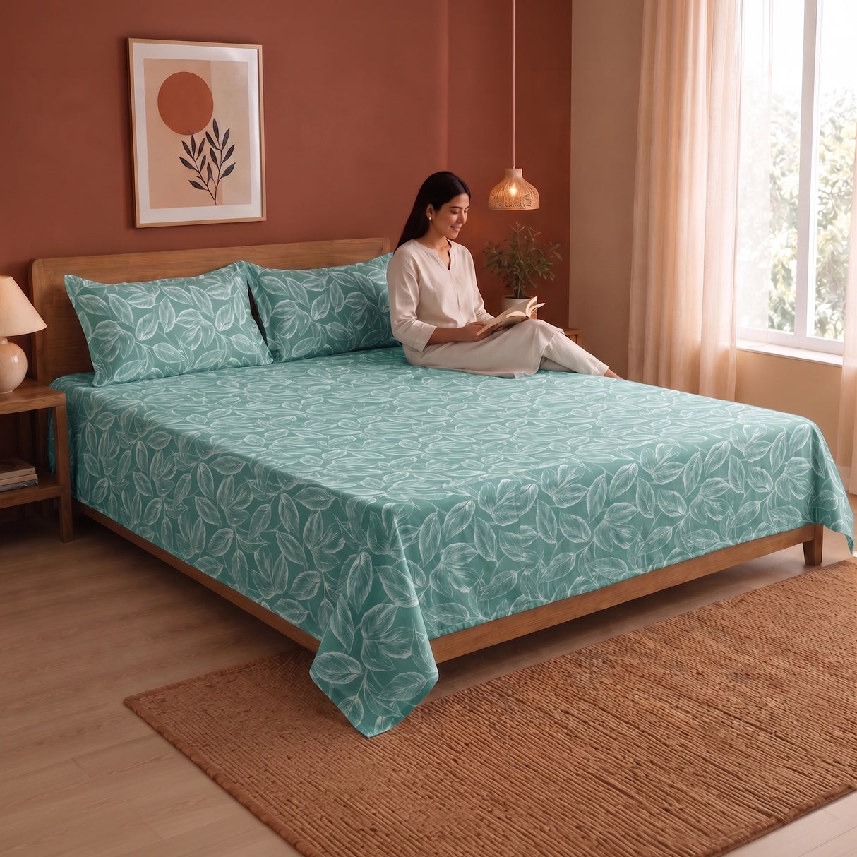 Imprimer Lilac - Leaf Printed Bedsheet (Aqua Blue)