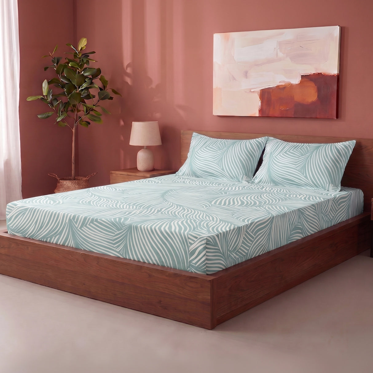 Mint Green Feather - Fitted Sheet (Mint Green & White)