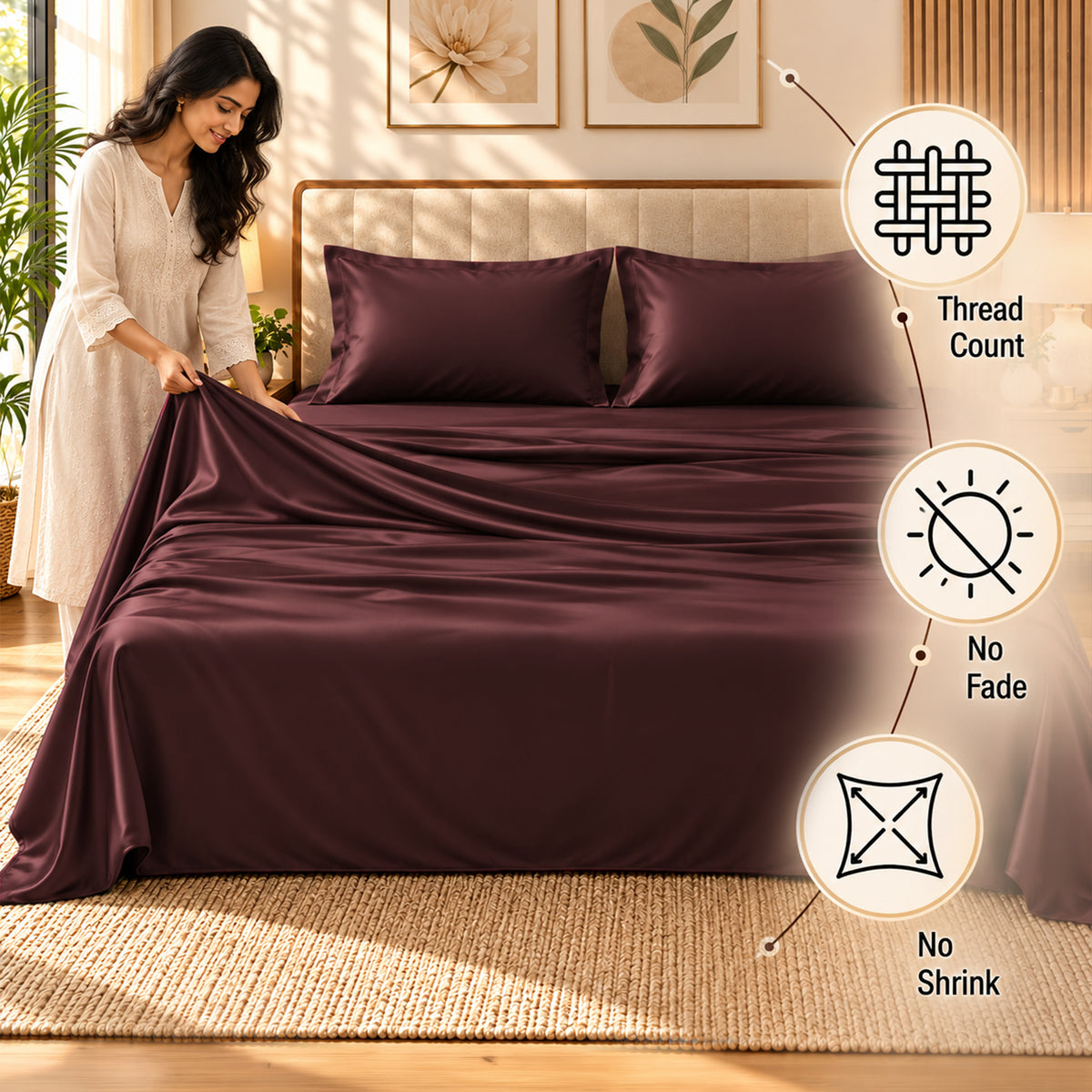 Premium Poly Satin Bedsheet – Soft, Smooth & Silky, Burgundy