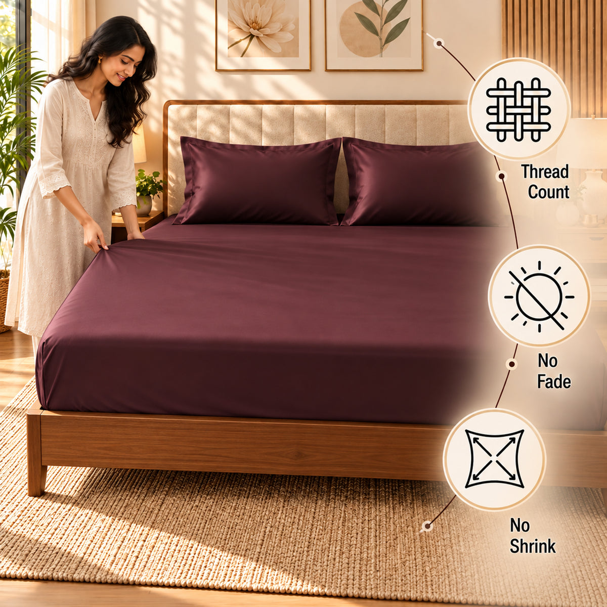 Premium Poly Satin Fitted Bedsheet – Soft, Smooth & Snug Fit, Burgundy
