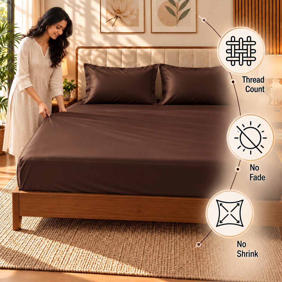 Premium Poly Satin Fitted Bedsheet – Soft, Smooth & Snug Fit, Chocolate Brown