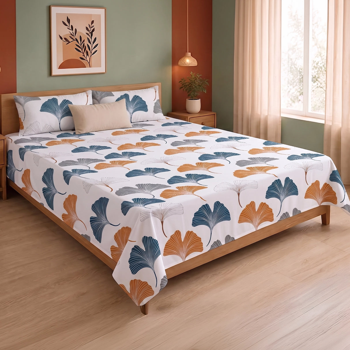 Imprimer Ginkyo - Floral Printed Bedsheet (Mustard & Grey)
