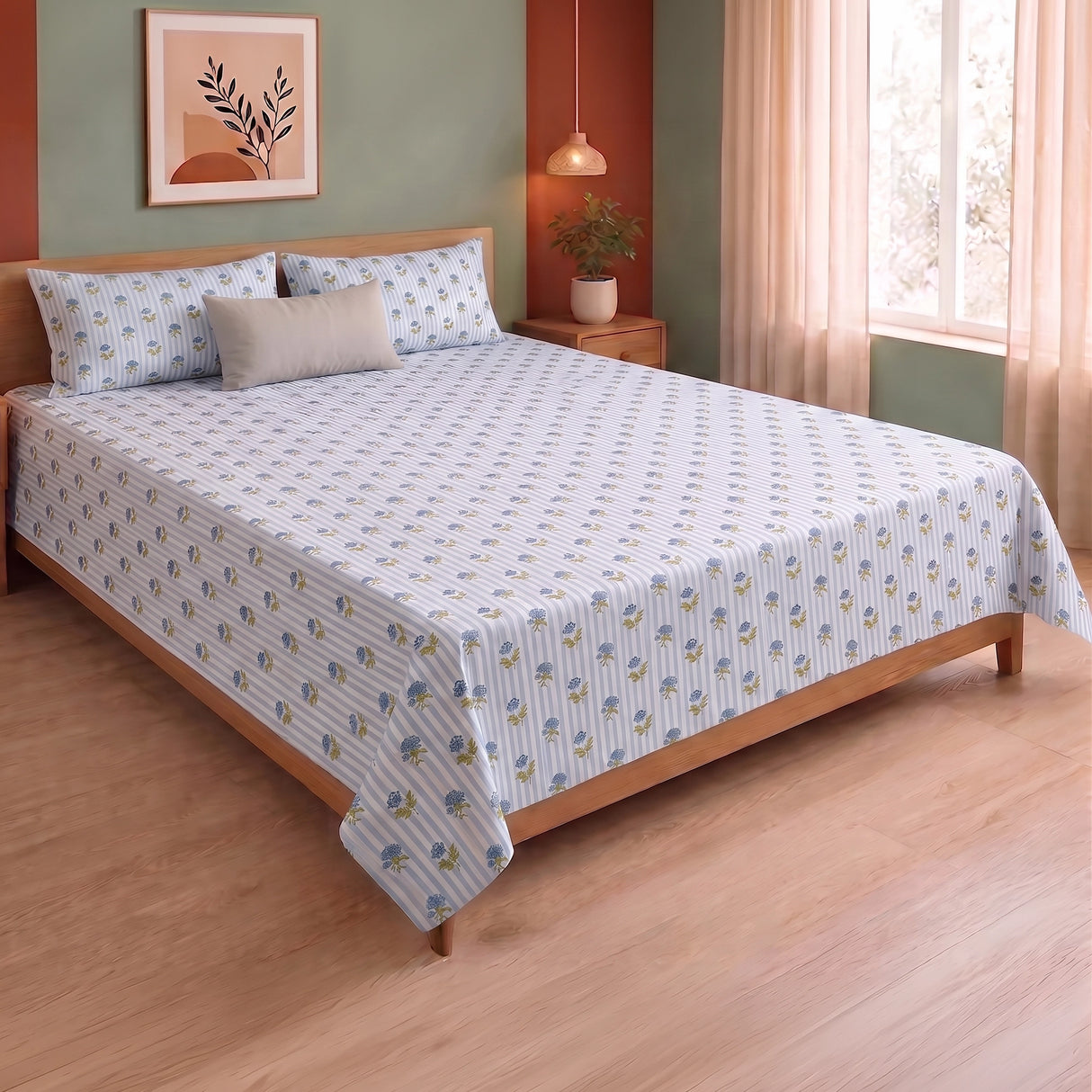 Soft Serenade - Floral Bedsheet (Blue)