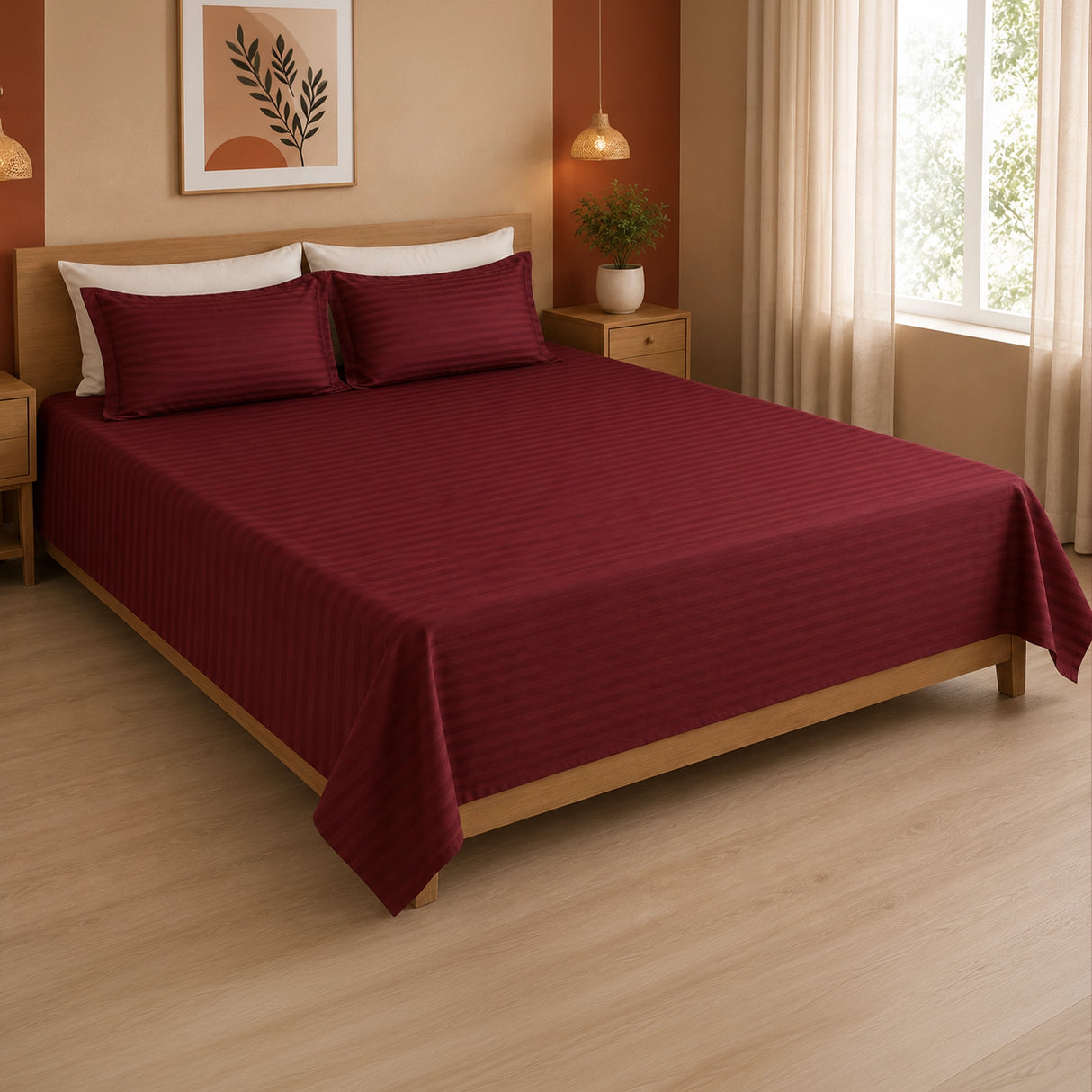 Breton Nap - Satin Stripes Bedsheet (Maroon)