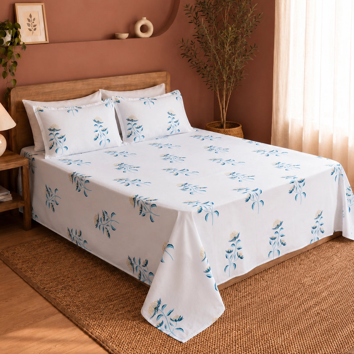 Wild Grace Flower - Floral Bedsheet (Turquoise & Blue)