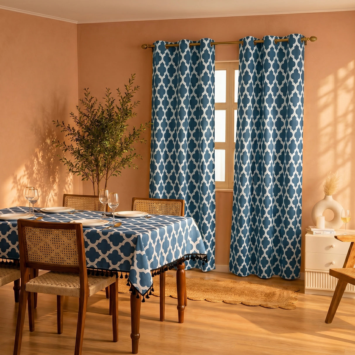 Premium Quatrefoil Duck Curtain & Table Cover Combo Set
