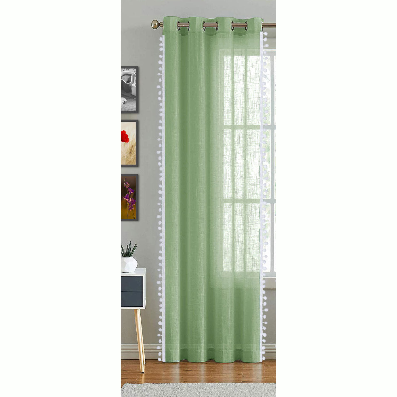 Fort Handpicked Breeze - White PomPom Border Solid Sheer Curtain (Mint Green)
