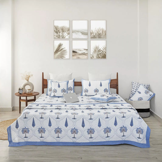 Hand Block Printed Quilted Bedcovers, Bed Sheet, Cushion Covers with Pillow Covers Collection, BlueBlue