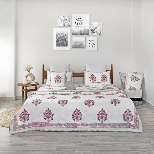 Hand Block Printed Quilted Bedcovers, Bed Sheet, Cushion Covers with Pillow Covers Collection, PinkPink