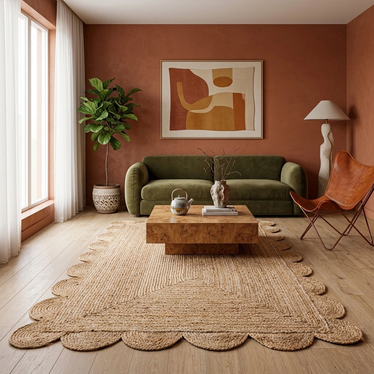 Natural Scalloped Jute Area Rug - Rectangular
