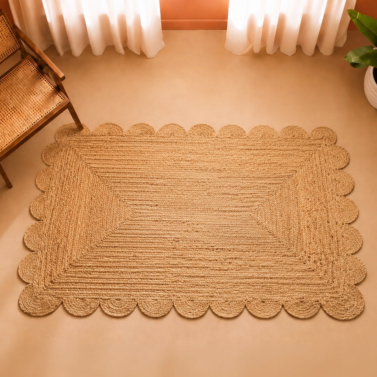Natural Scalloped Jute Area Rug - Rectangular
