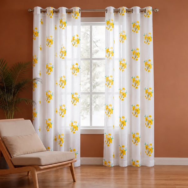 Imprimer Gleamflora - Flower Printed Eyelet Curtain (Yellow)