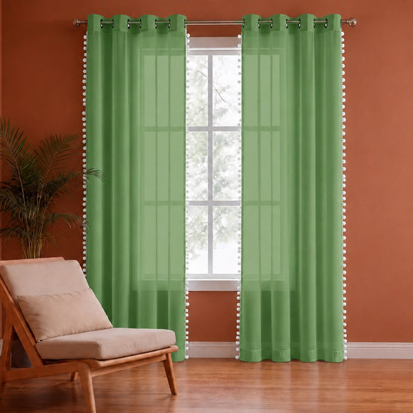 Fort Handpicked Breeze - White PomPom Border Solid Sheer Curtain (Mint Green)