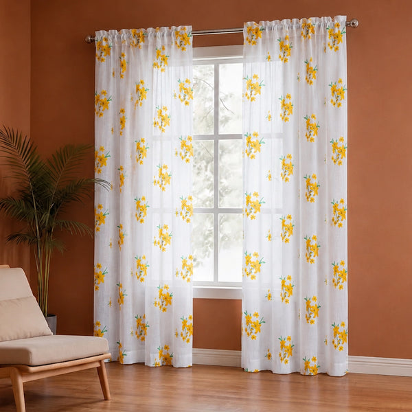 Imprimer Gleamflora - Flower Printed Rod Pocket Sheer Curtain (Yellow)