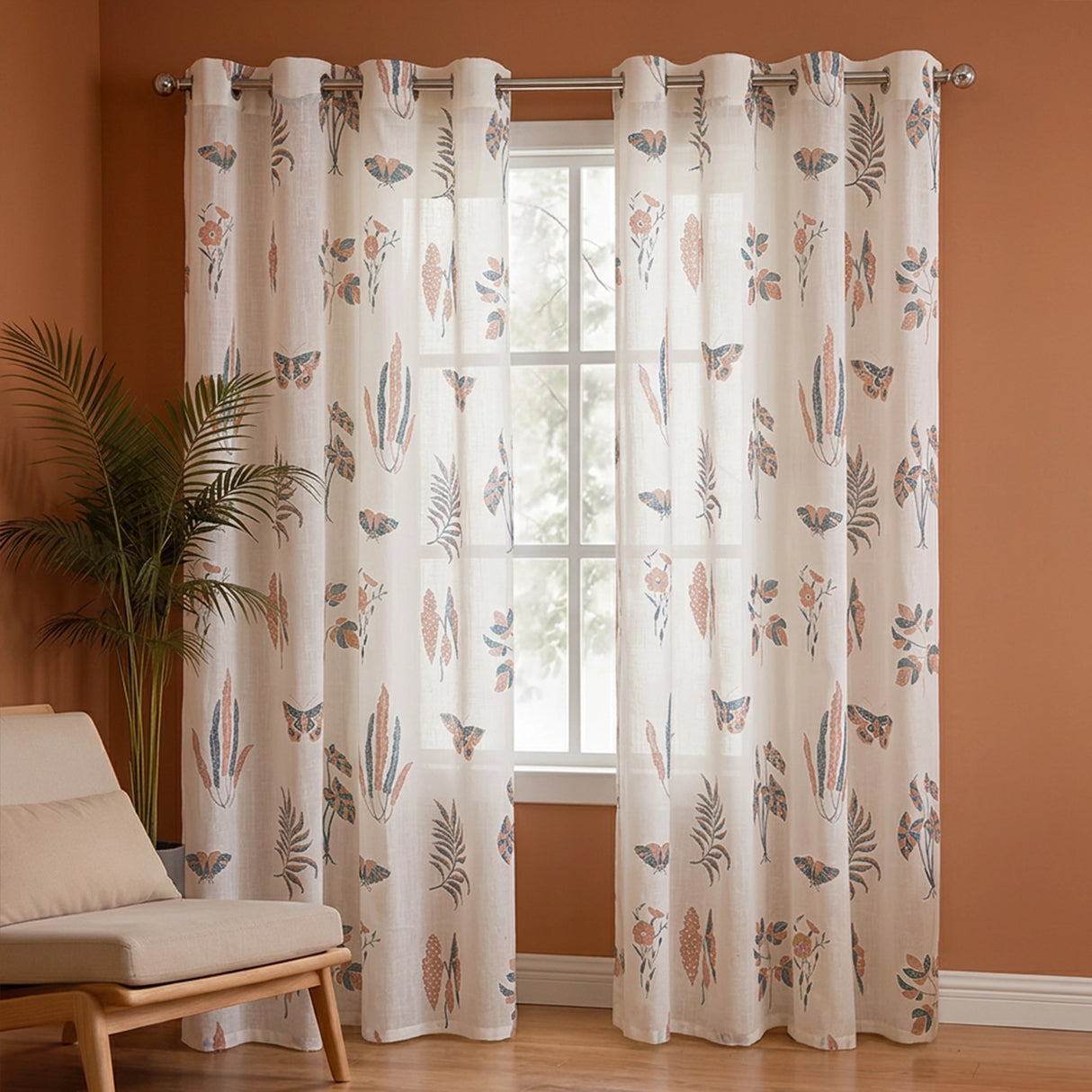 White Lunaria Garden Eyelet Printed Sheer Curtain