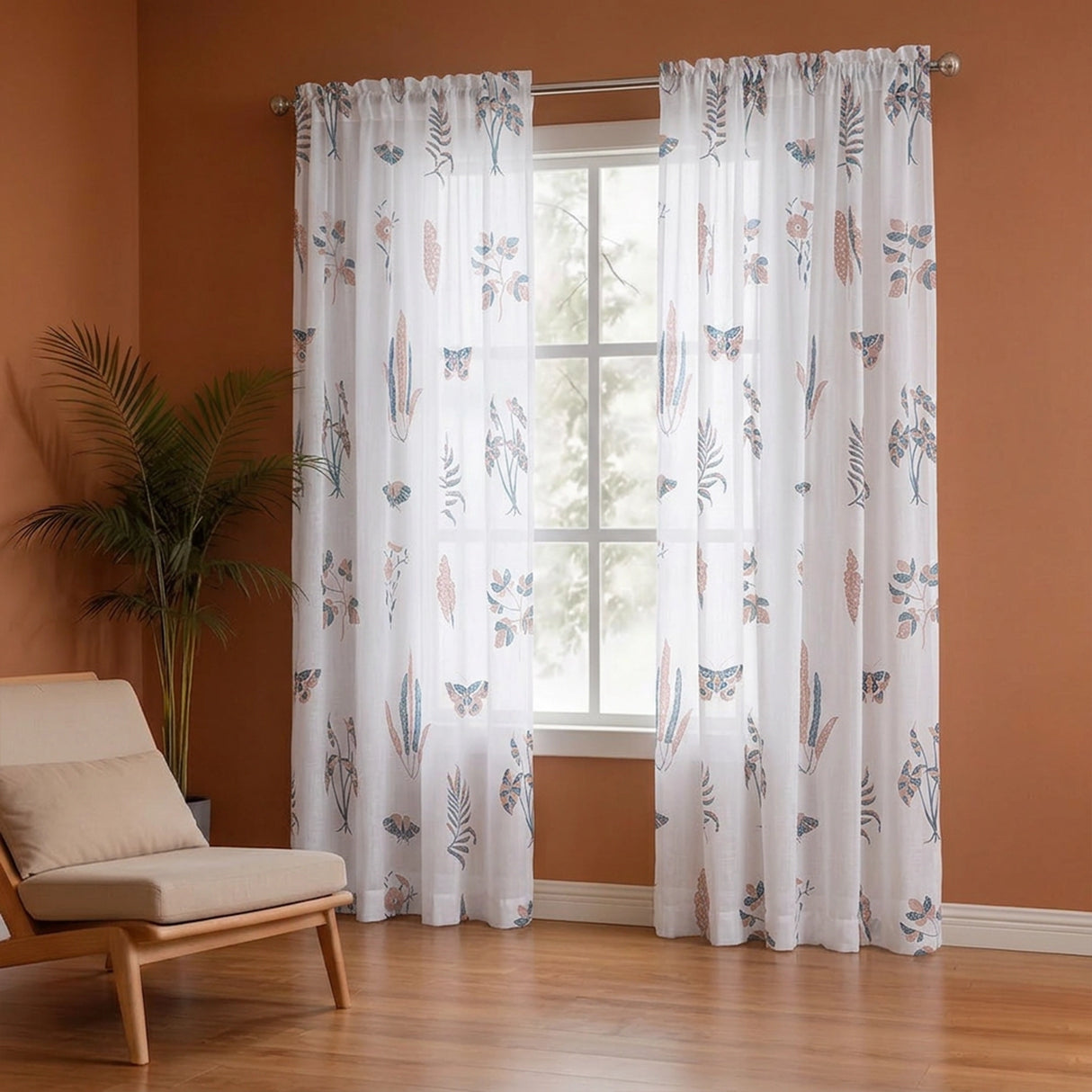 White Lunaria Garden Rod Pocket Printed Sheer Curtain