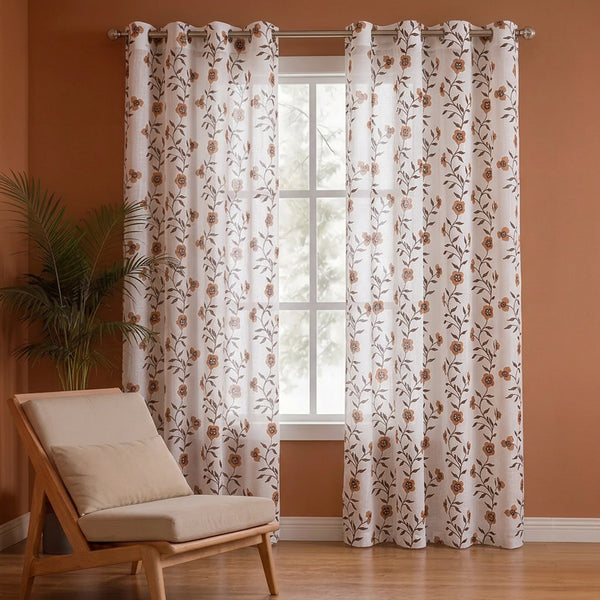 White Floral Velora Wines Eyelet Printed Sheer Curtain