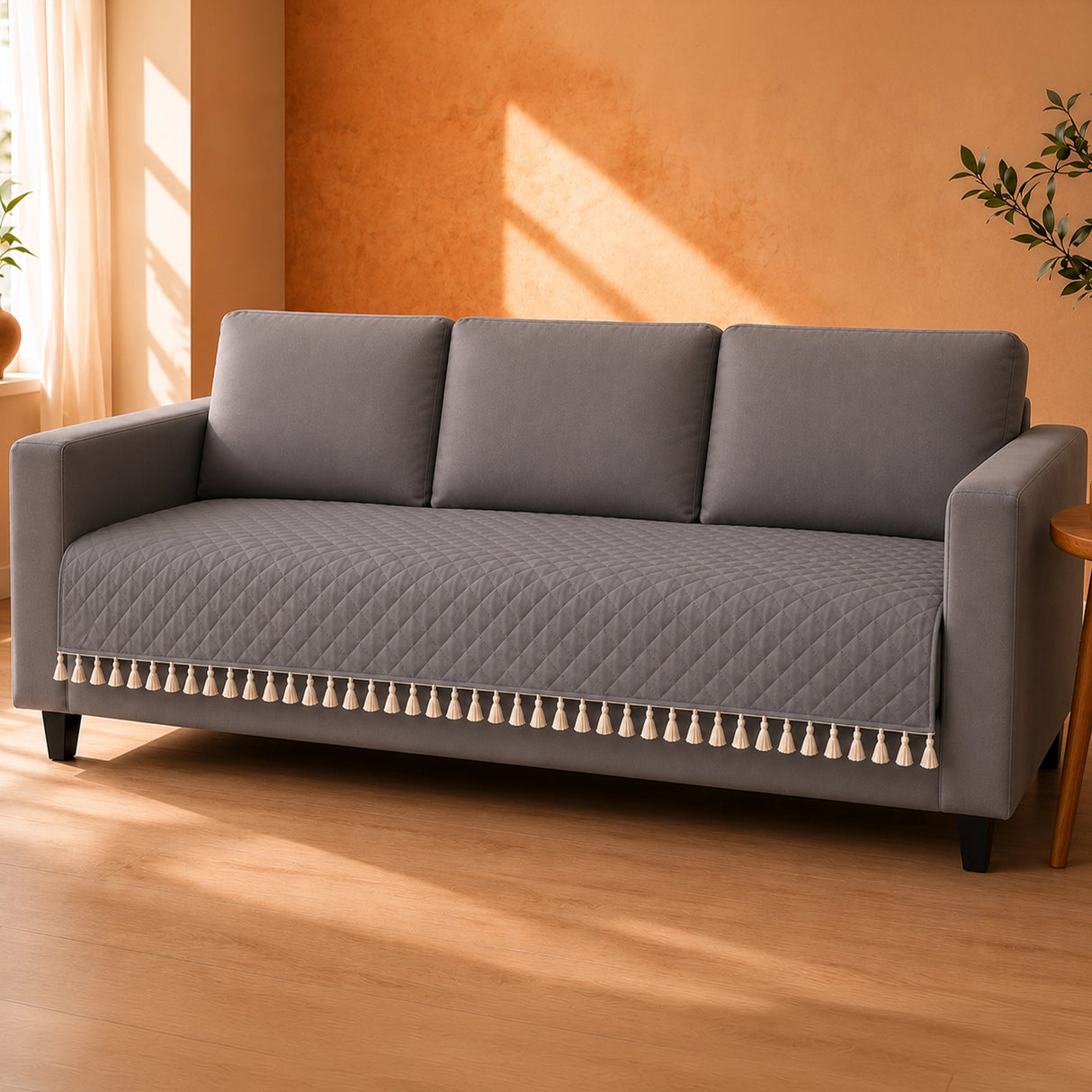 Quilted Velvet Sofa Cover with Tassels (Grey)