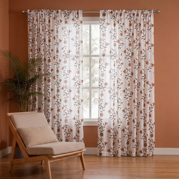 White Floral Velora Wines Rod Pocket Printed Sheer Curtain