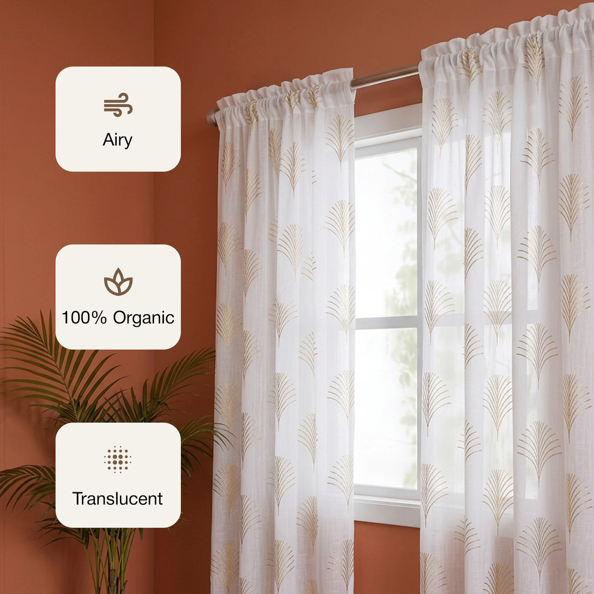 Imprimer Palmetto Plume - Gold Tree Printed Rod Pocket Sheer Curtain