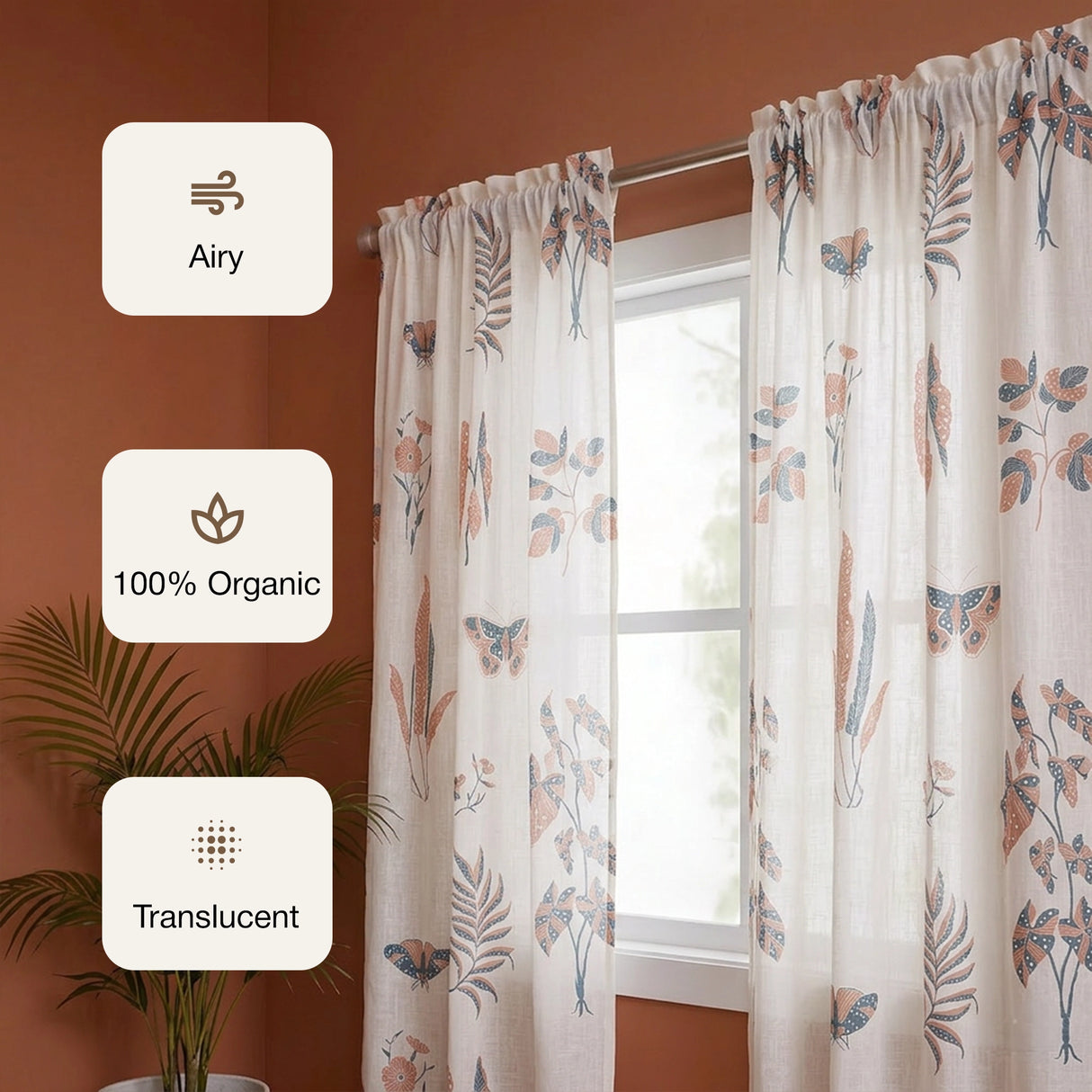 White Lunaria Garden Rod Pocket Printed Sheer Curtain