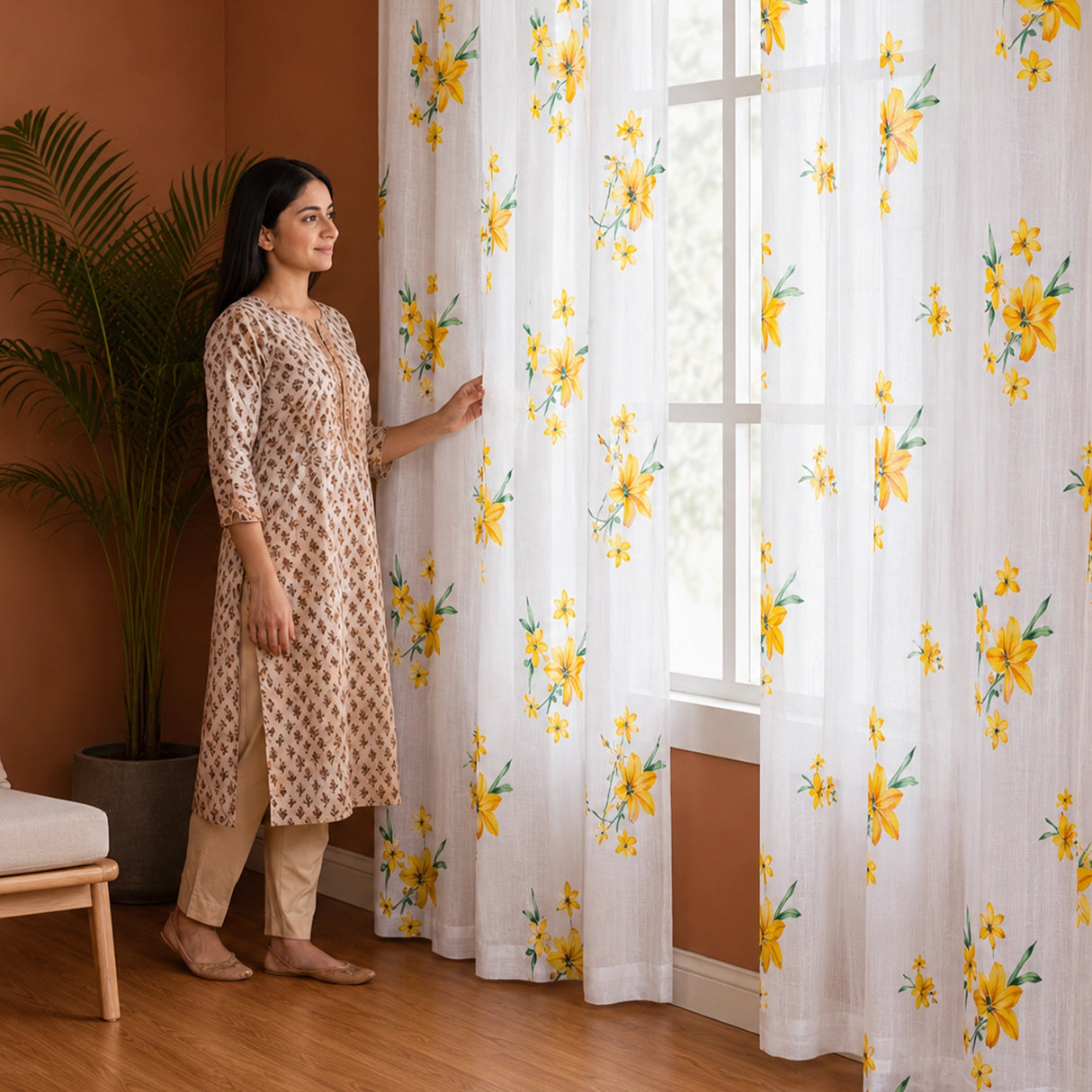 Imprimer Gleamflora - Flower Printed Eyelet Curtain (Yellow)