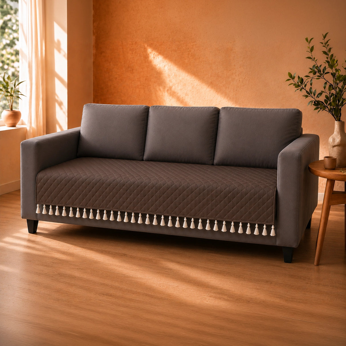 Quilted Velvet Sofa Cover with Tassels (Brown)
