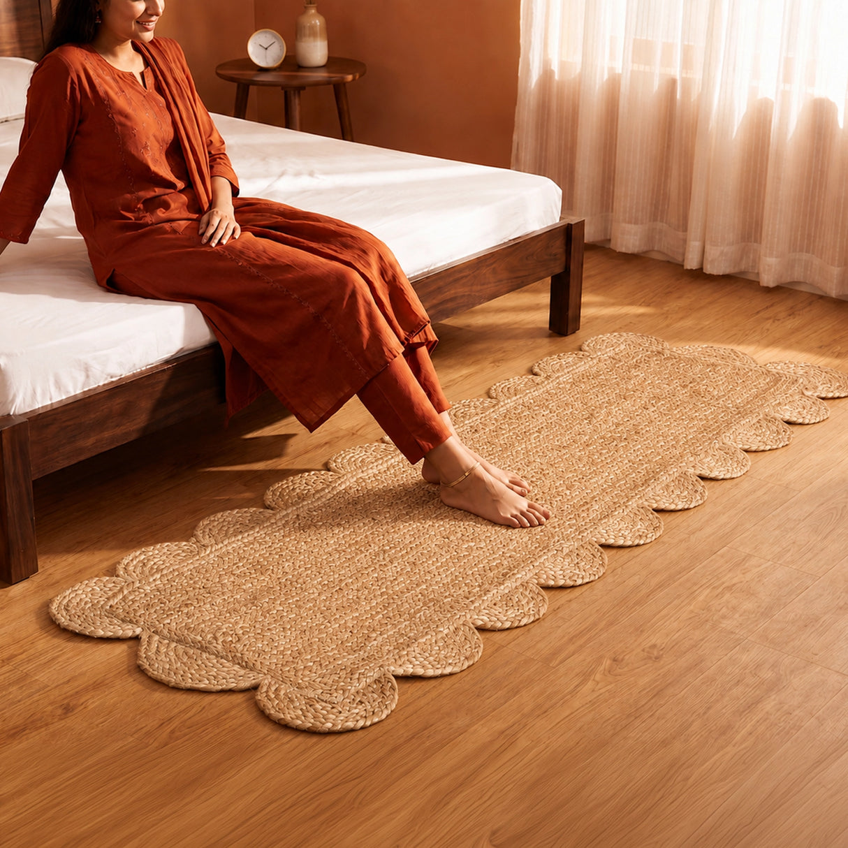 Natural Scalloped Jute Area Rug - Rectangular